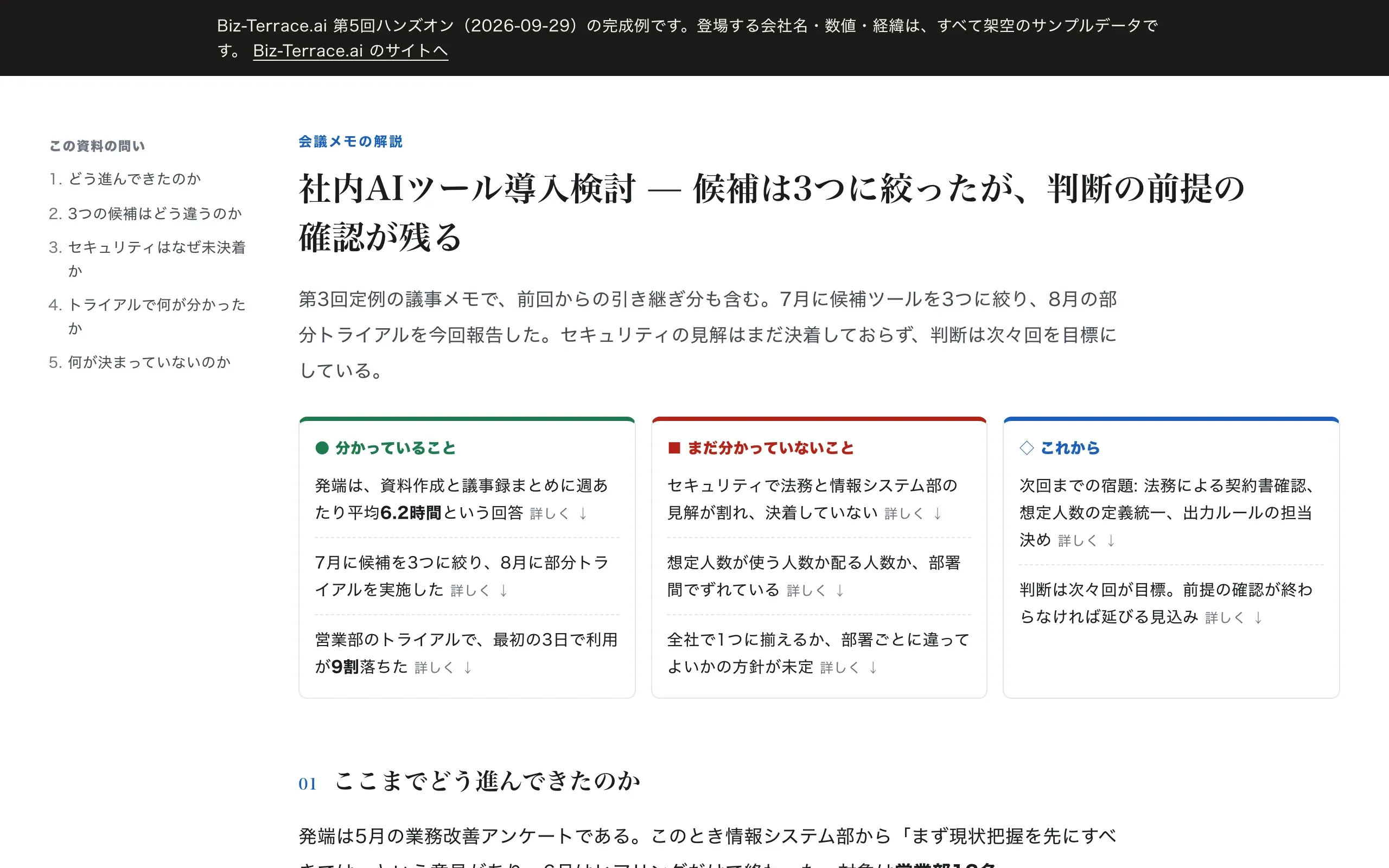 同じ議事メモを HTML Visualizer Skill に通した完成例。見出しで状況が分かり、分かっていること・まだ分かっていないこと・これからの3列に整理されている(架空データ)