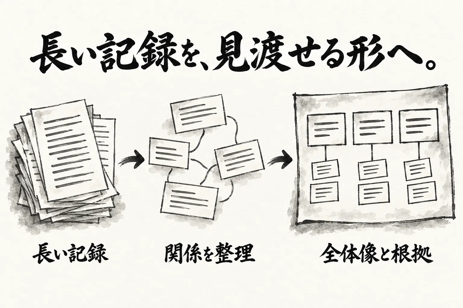 長い記録から関係を整理し、全体像と根拠を見渡せる形にする流れを描いた墨絵。